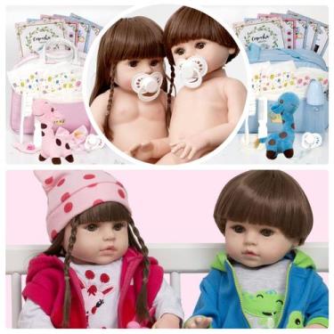 Imagem de Bebe Reborn Gêmeos Menino Menina Bolsa Itens Pode Dar Banho - Cegonha 