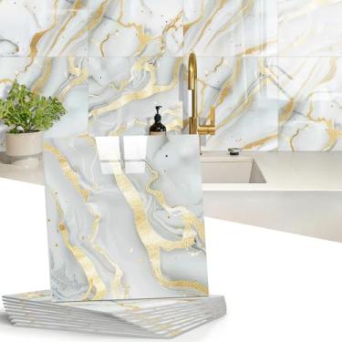 Imagem de Retire e cole azulejo Backsplash, 10 peças de azulejos de mármore autoadesivos à prova d'água para parede, painéis de parede de PVC, azulejos de chuveiro para banheiro, cozinha e sala de estar - não