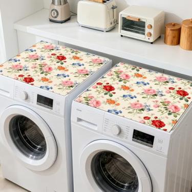 Imagem de GLOBLELAND 2 peças de capa protetora de máquina de lavar e secar roupa floral retrô 60 × 23 cm almofadas protetoras de topo de máquina de lavar roupa estilo rústico estilo campestre antiderrapante