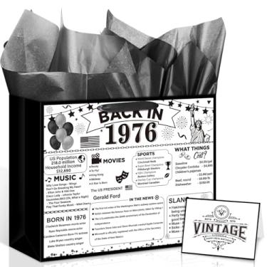 Imagem de Woosytoo Bolsa de presente de aniversário de 50 anos vintage Back in 1976 com cartão de felicitações, branco, preto, saco de papel de embrulho de aniversário de 50 anos para mulheres e homens, 50 anos