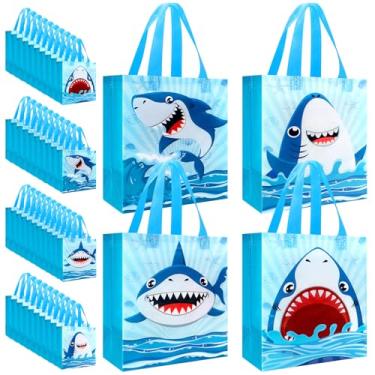 Imagem de Pinsit 40 peças de sacos de lembrancinha de festa de tubarão, sacos de brindes de tubarão não tecidos, sacos de presente reutilizáveis com tema oceano com alças para meninos meninas aniversário chá de