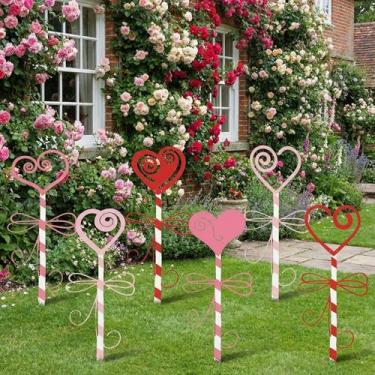 Imagem de Otoolling 6 peças de estacas de jardim de coração vermelho rosa e metal para o dia dos namorados, placa de jardim, estacas de plantador de amor, para dia dos namorados, casamento, festa de aniversário