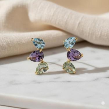 Imagem de Brinco Ouro 18k Earcuff Trio Gotas Naturais Ametistas Roxas e Topázio 