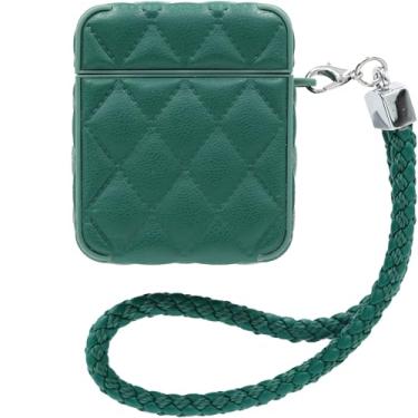 Imagem de Capa MC Fashion para AirPods 1/2, capa protetora acolchoada de couro PU com cordão trançado padrão de diamante fino compatível com AirPods 1/2 (verde)