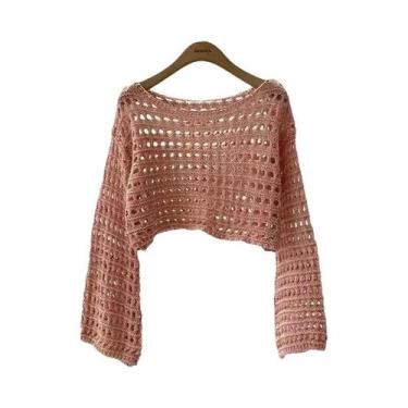 Imagem de Blusa De Crochê Boho De Manga Longa Para Mulheres, Top Cropped De Verã