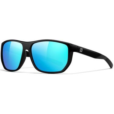 Imagem de SUNGAIT Óculos de sol masculinos de polígono ultraleve: óculos escuros esportivos quadrados clássicos polarizados para dirigir e correr, Armação preta fosca/lente azul, 0