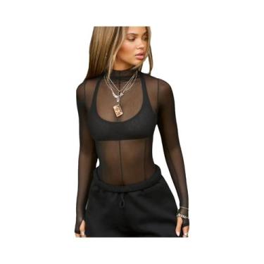 Imagem de Camiseta Feminina Slim-Fit Em Malha Transparente Com Manga Longa E Gol