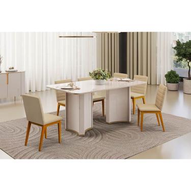 Imagem de Conjunto: Mesa Sala Jantar Liz c/ Tampo Madeirado c/ Vidro Curvo 180x100cm e 6 Cadeiras Sofia Off White - Ipe/Linho Bege - DJ Móveis