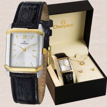 Imagem de Kit Relógio Champion Feminino Analógico Bicolor CH22751W Colar + Brinco