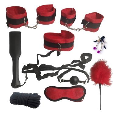 Imagem de Kit Bdsm Sadomasoquismo 10 Peças Fetiche Chicote Palmatoria Algema Erotico Bondage Dominatrix