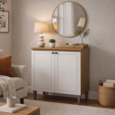 Imagem de Balcão Aparador 2 Portas em Mdf Linha Essência Frise Estilo Americano Cinamomo/Branco