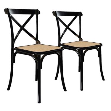 Imagem de Kit 2 Cadeiras Jantar Preta Assento Corano Bege Aço Preto