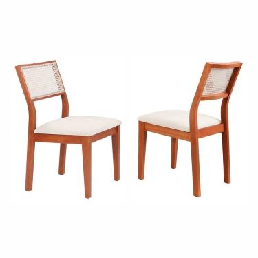 Imagem de Kit 2 Cadeiras Madeira Maciça com Estofado e Fibra Natural Rattan Maya Espresso Móveis Cinamomo/Off White