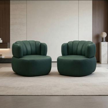 Imagem de Kit 02 Poltronas Giratória Orgânica Para Sala Living Oceane L06 Couro Verde Escuro - Ly...