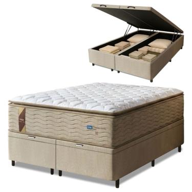 Imagem de Cama Box Baú Casal King Colchão Molas Guarda Costas Max Com Pillow 193x203x81cm Suede B...