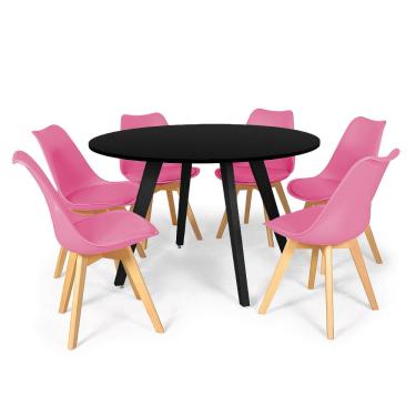 Imagem de Conjunto Mesa de Jantar Redonda Amanda Preta 120cm com 6 Cadeiras Eiffel Leda - Rosa