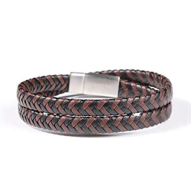 Imagem de ROVAO Pulseira masculina de couro genuíno para homens, pulseiras com contas, pulseiras feitas à mão, pulseira de aço inoxidável com fecho magnético, 8 inch, Metal, não conhecido