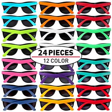 Imagem de Pacote com 24 óculos de sol neon para festa, 12 cores com lentes escuras, estilo anos 80, óculos de sol coloridos para lembrancinhas de festa, festa na piscina, festa na praia, festa de verão, enchimentos de bolsas, para meninos, meninas, adolescentes e adultos