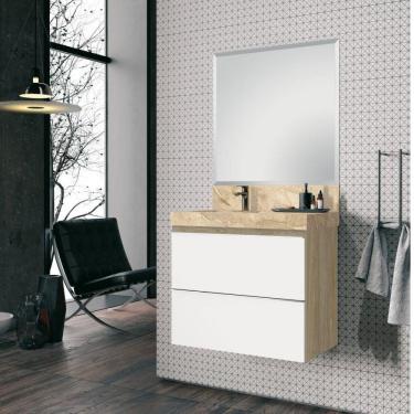 Imagem de Conjunto para Banheiro com Espelho, Gabinete e Lavatório em Porcelanato com Cuba Esculpida 80cm Bumi Branco/Wood/Travertino