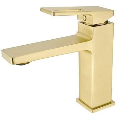 Imagem de Torneira para lavatório de banheiro Misturador de água quente e fria Torneira para pia com furo único Latão preto cromado ouro escovado, ouro escovado