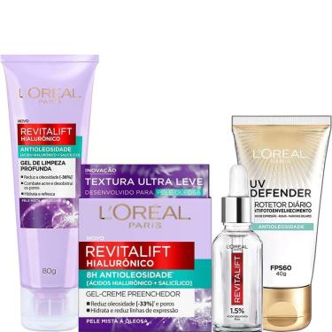 Imagem de Kit Rotina Antioleosidade Creme Hidratante Gel de Limpeza Sérum Revitalift Hialurônico Protetor Solar FPS60 Loreal Paris
