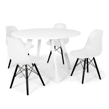 Imagem de Conjunto Mesa de Jantar Redonda Amanda 120cm Branca com 4 Cadeiras Eames Eiffel Base Preta - Branco
