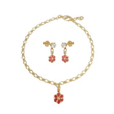 Imagem de Kit Infantil Pulseira e Brinco Folheado Ouro 18k Antialérgico (Flor margarida)