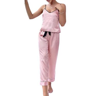 Imagem de Conjunto de Pijamas Femininos, Calças Compridas Com Alças Finas, Top Cami, Conjunto de Pijama Doméstico de 2 Peças, Cintura Elástica, Cintura Com Gravata para Mulheres (M)