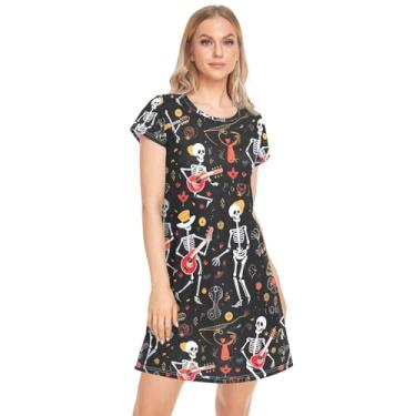 Imagem de CHIFIGNO Camisola feminina com estampa macia e confortável para noite, Esqueletos mexicanos - 2, P