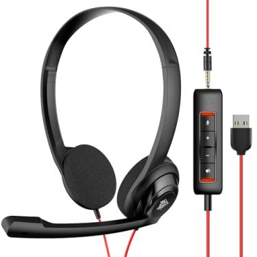 Imagem de NUBWO Fone de ouvido HW02 USB para computador com microfone de bate-papo transparente, fone de ouvido leve com fio para MS Teams, Skype, webinars, call center e mais (preto)