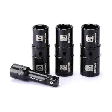 Imagem de MIXPOWER Conjunto de 4 peças de soquetes de porca flip de 1/2" - Inclui tamanhos métricos de 17 mm, 19 mm, 21 mm e 3/4", 13/16", 7/8" SAE tamanhos - CR-MO, 6PT, soquetes de pneu de parede fina