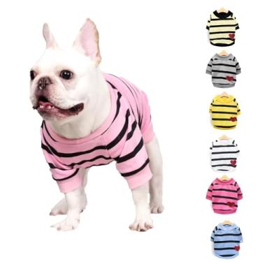 Imagem de SMALLLEE_LUCKY_STORE Camiseta listrada de buldogue francês para cachorro pequeno e médio gato com coração vermelho brilhante, roupas de algodão de verão Yorkie Chihuahua gato menino menina vestuário,