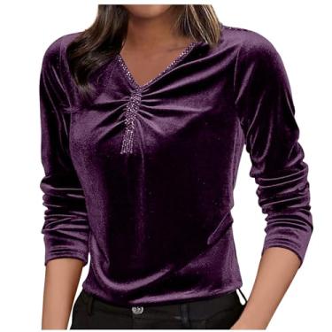 Imagem de Tops femininos outono inverno manga curta gola V veludo elegante franzido blusas camisas femininas 2024, K-568 Roxo, 3G
