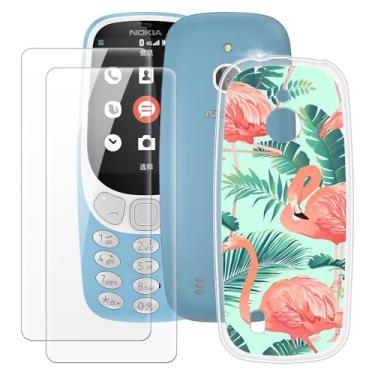 Imagem de MILEGOO Capa Nokia 3310 4G + 2 peças protetoras de tela de vidro temperado, capa de TPU de silicone macio à prova de choque para Nokia 3310 4G (2,4 polegadas) Flamingo