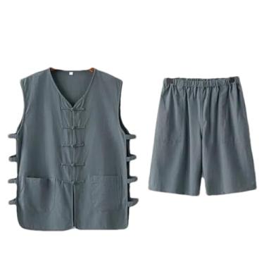 Imagem de Eesuei Conjunto de shorts de verão de algodão fino de linho de meia-idade estilo chinês sem mangas, camisa retrô, roupas masculinas, Colete Dark En8, 3G