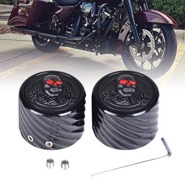 Imagem de Goldfire Capas de eixo de caveira de esqueleto usinado em 3D preto para eixo dianteiro, tampas de eixo de roda compatíveis com Harley 2002-2023 Harley Softail Electra Road Street Glide Sportster