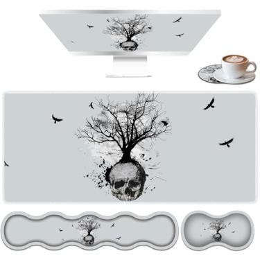 Imagem de Conjunto de mouse pad grande, mouse pad de mesa + almofada de pulso de teclado + tapete de pulso de mouse + porta-copos ergonômico, espuma viscoelástica multifuncional - árvore de cabeça de caveira