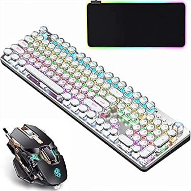 Imagem de Teclado para jogos e mouse pad combo retro máquina de escrever teclado mecânico para jogos-interruptores azuis arco-íris retroiluminado 104 teclas, branco