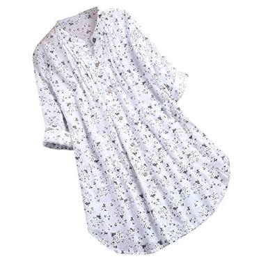 Imagem de Camisas femininas de linho de algodão 2024 com botões e gola V, manga comprida, blusas estilosas modernas, túnica com leggings, Branco, XXG