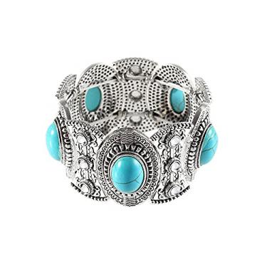 Imagem de ABJFJE Pulseiras modernas brancas de imitação turquesa com fios elásticos retrô boêmio quadrado com contas feitas à mão para mulheres e meninas, bijuterias banhadas a prata, Metal, turquesa sintética