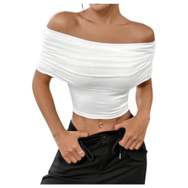 Imagem de SHENHE Camiseta feminina de verão com ombros de fora franzida manga curta cropped casual slim fit, Branco, M