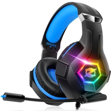 Imagem de Fone de ouvido para jogos PS4 com som surround 7.1, fone de ouvido Xbox One com cancelamento de ruído, microfone flexível com 2 peças de capa de microfone RGB com luz de LED para PS5,
