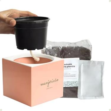 Imagem de Kit Horta Urbana Vaso Autoirrigavel C/Substrato Semente Cebolinha Minimalista Decorativo Branco Cinza Rosa Creme 10cm x 11cm (Branco) (Rosa Salmão)