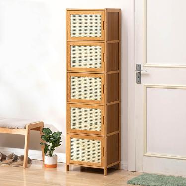 Imagem de Rack de sapatos de gabinete de vime de bambu moderno independente com portas de decoração de vime Organizador de armazenamento de armário de sapatos para entrada de corredor, sala de estar,
