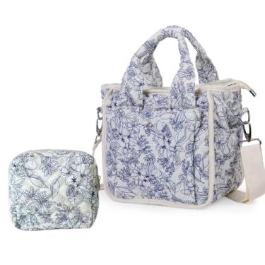 Imagem de Pequena bolsa feminina acolchoada floral, bolsa de ombro com bolsos, bolsa de mão para o dia a dia, 04 - Flor preta/2 peças, Small