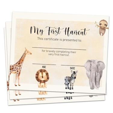 Imagem de 25 My First Haircut Certificate for Baby First Haircut Certificate Keepsake Certificate Marco Marker First Haircut Award for Kids Baby Girl Boy Salon 20 x 25 cm Girafa Leão Zebra Elefante Preguiça -