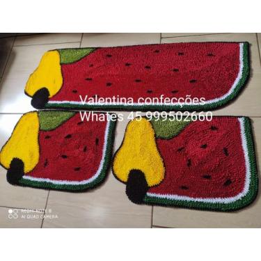 Imagem de Tapete Frufru de Melancia 3 Peças 1,50x0,50 cozinha fundo algodão cru 