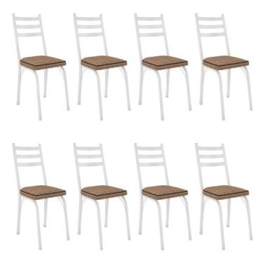 Imagem de Kit 8 Cadeiras de Cozinha Luisiana Estampado Rattan Bege Pés de Ferro 