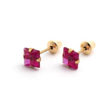 Imagem de Brincos de Ouro 18k Pedra 4mm Zircônia Quadrada Vermelha - Adriajp Joi