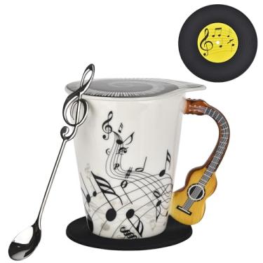Imagem de BUYNEED Caneca de guitarra de 365 g com design de notas musicais xícara de café com tampa temática legal de música, colher e porta-copos para guitarristas, músicos, amantes de música, presente para